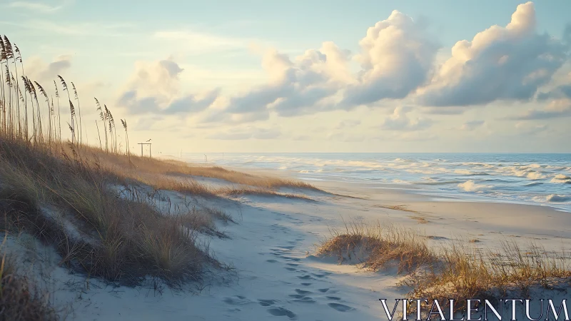 Coastal dunes and serene shoreline under pastel dawn light.