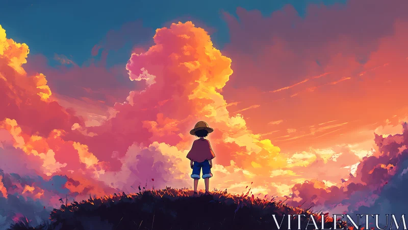 Solitary child under blazing sunset cloud horizon.