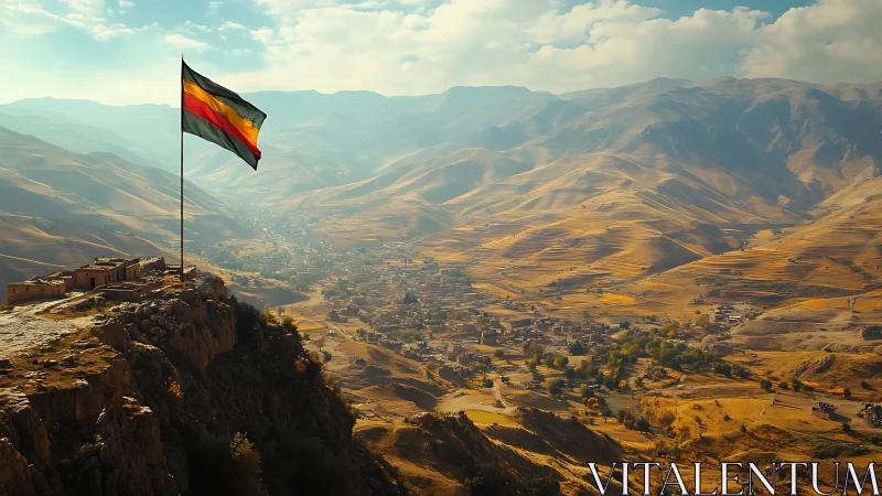 Lone mountain flag overlooks sunlit valley town at dusk