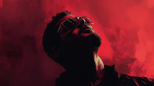 Backlit portrait silhouette in high-contrast crimson field.