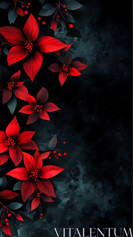 Red poinsettia cluster glows over dark textured void.