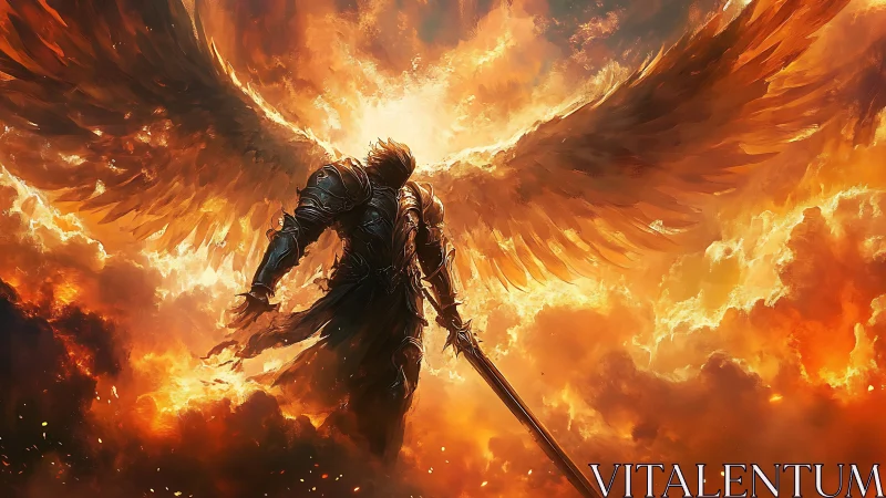 Armored seraph in blazing celestial inferno skyscape.