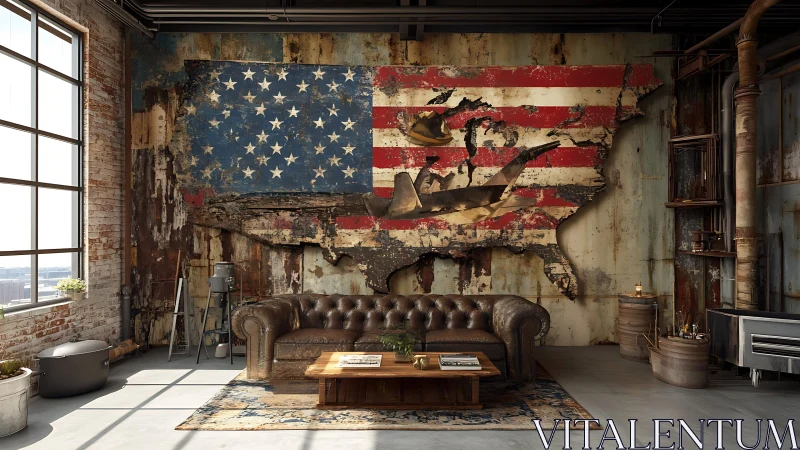 Industrial loft with distressed USA flag wall art.