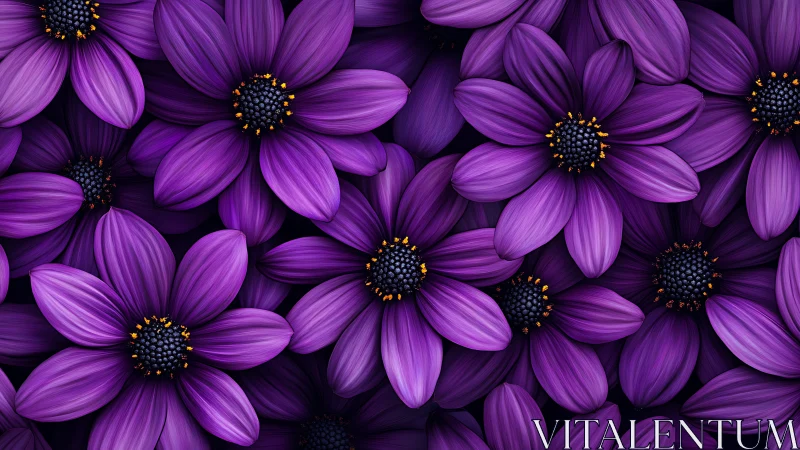 Purple Daisy Flowers with Golden Centers Densely Packed.