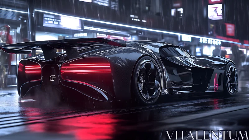 Futuristic hypercar cuts neon city street through rain-soaked night.