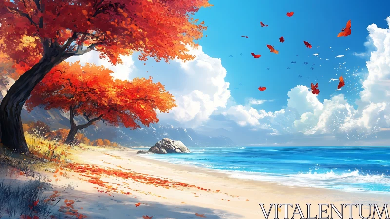Autumn Tree Coastal Landscape with Falling Leaves
