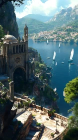 Clifftop cathedral overlooks sunlit Mediterranean harbor