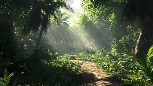 Enchanted jungle pathway bathed in ethereal golden sunlight.