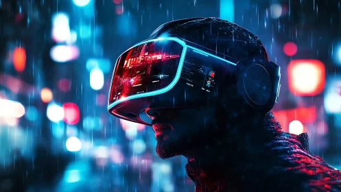 Neon rain crowns a VR dreamer wandering through liquid light