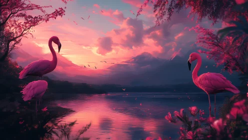 Flamingos by reflective lake under vivid pink sunset.