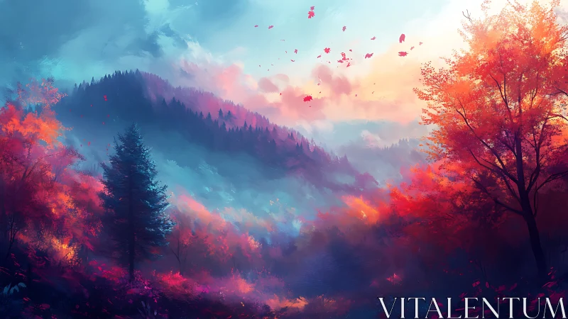 Digital autumn forest valley with layered distant mountains.