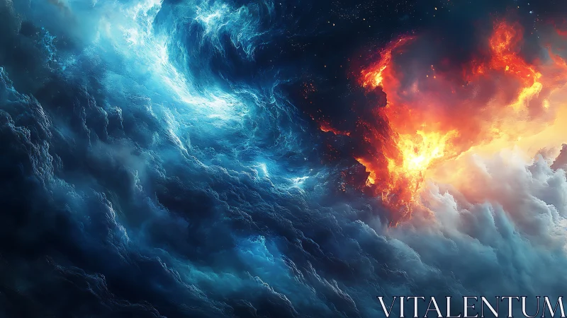 Cosmic storm of blue ice clouds and fiery orange light.