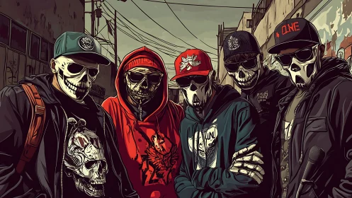 Urban group wearing skull masks in alleyway setting.