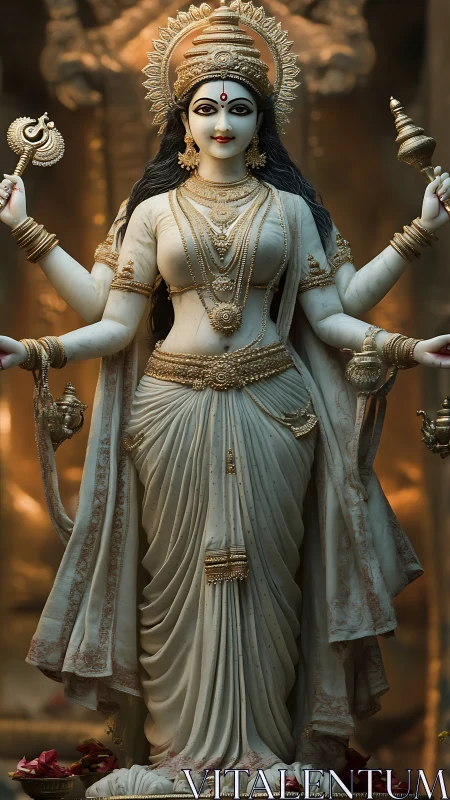 Multiarmed goddess sculpture with intricate ritual iconography.
