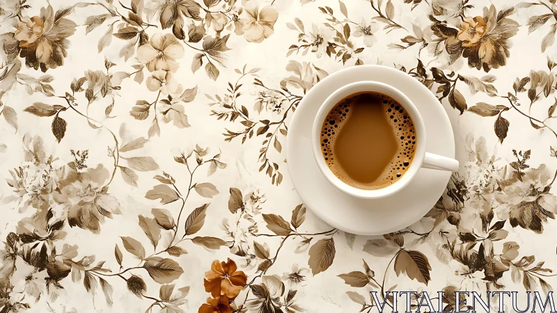 Cup of coffee on beige floral patterned tabletop.