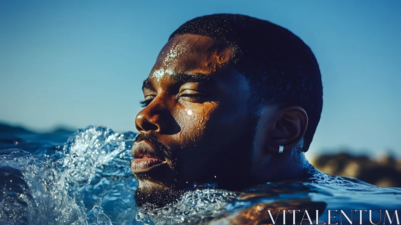 Sunlit swimmer emerges through crystalline ocean surface.