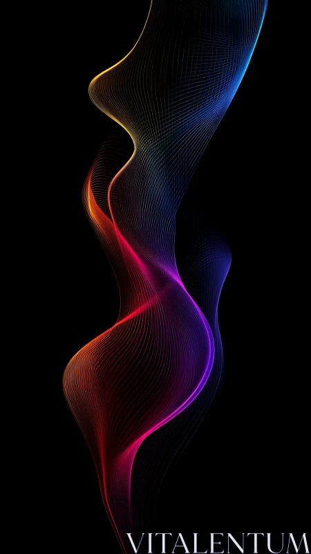 Flowing neon light ribbon twists through black space.