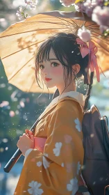 Girl in floral kimono holds parasol under soft cherry blossom light