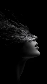 Side profile of female head merging with liquid splash form.