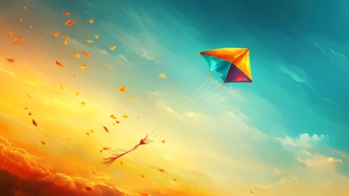 Colorful kite in vibrant sunset sky with drifting leaves.