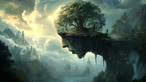 Floating cliff forms human profile with trees above clouds