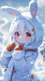 Snowlit anime girl in bunny parka with luminous orange gaze.