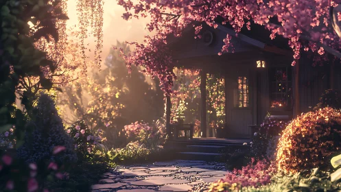 Sunlit cherry blossom garden path toward wooden cottage.