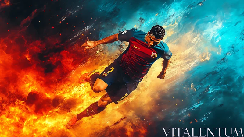 Blazing football sprint through dual fire and ice energy fields.
