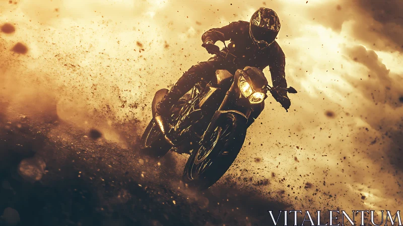 High-speed motorcycle drift in cinematic dust-lit turbulence.