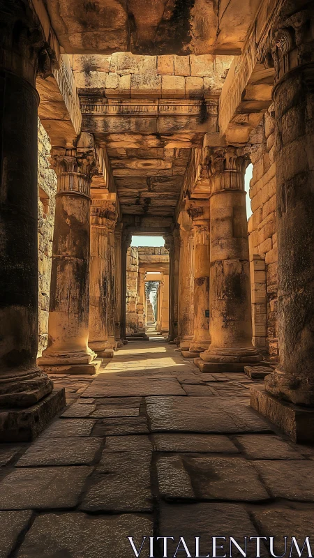 Stone colonnade corridor shows weathered capitals and axial light