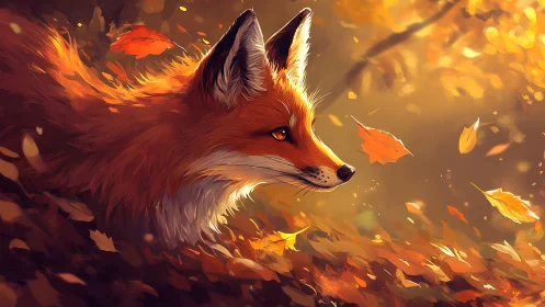 Amber-eyed fox drifting through a swirling autumn blaze.