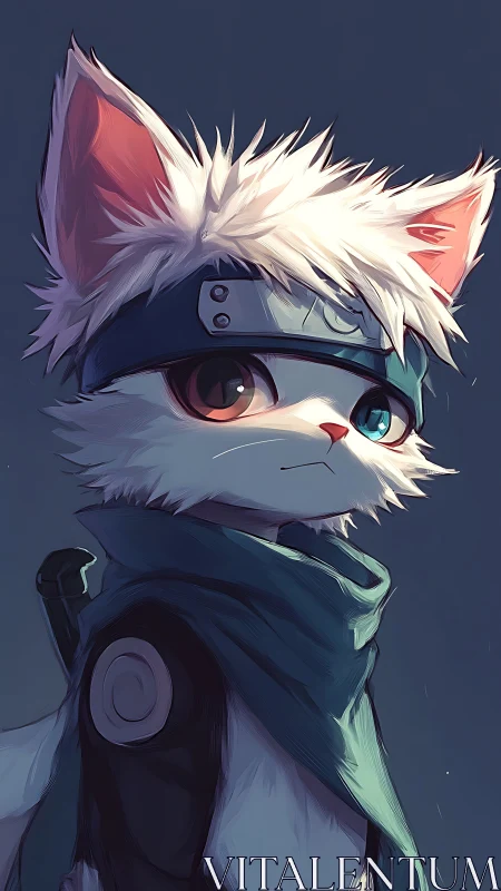 White cat warrior stands in profile wearing headband and scarf