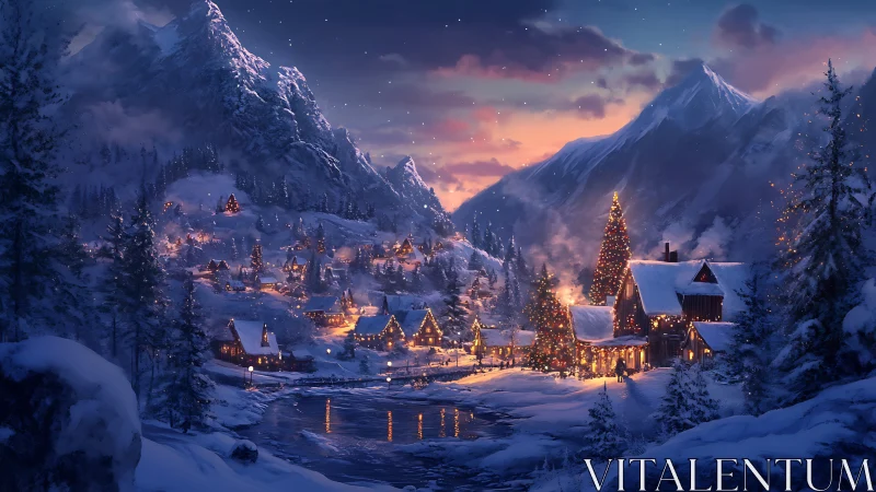 Snow-covered mountain village is illuminated at winter dusk