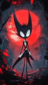 Moonlit shadow jester under a crimson eclipse sky.