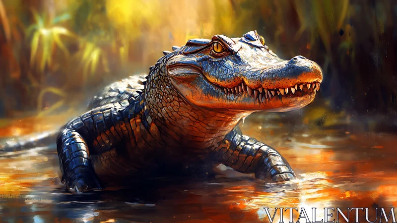 Digital alligator portrait in glowing swamp light.