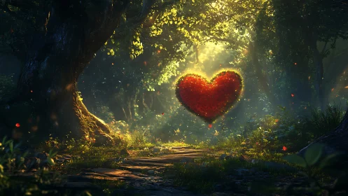 Heart Glows in Enchanted Forest Clearing.