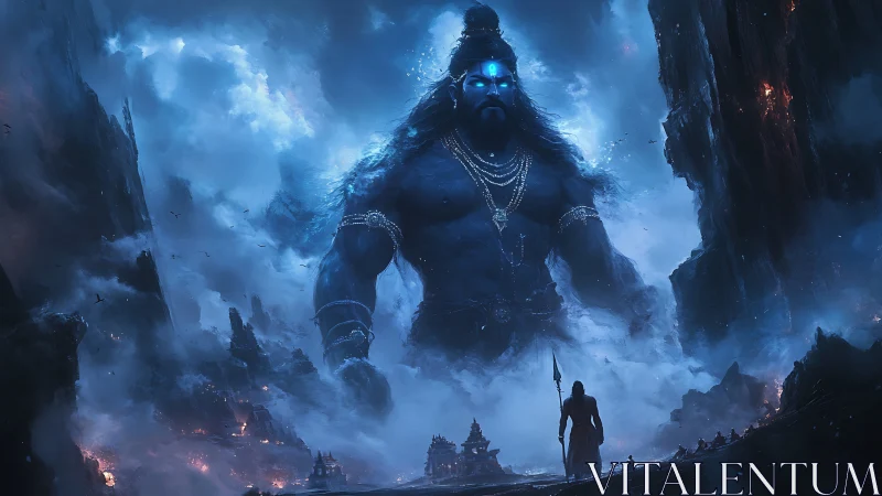 Colossal blue deity strides through stormlit mountain kingdom.