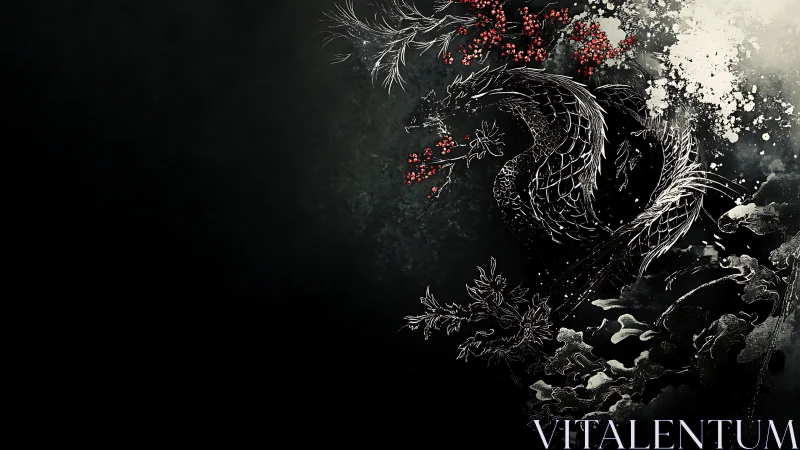 Monochrome phoenix illustration with splatter textures and red berries