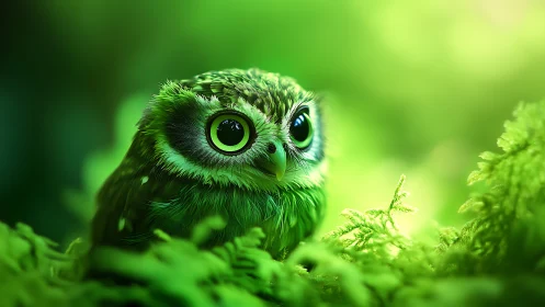 Cute Baby Owl in Lush Green Forest, Digital Art Style.