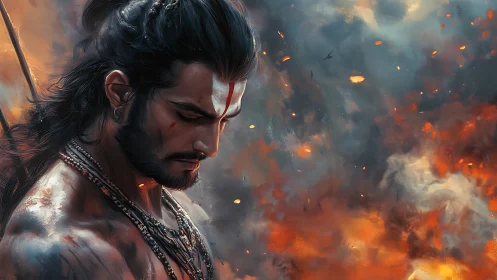 Warrior profile against smoke and embers in side view.