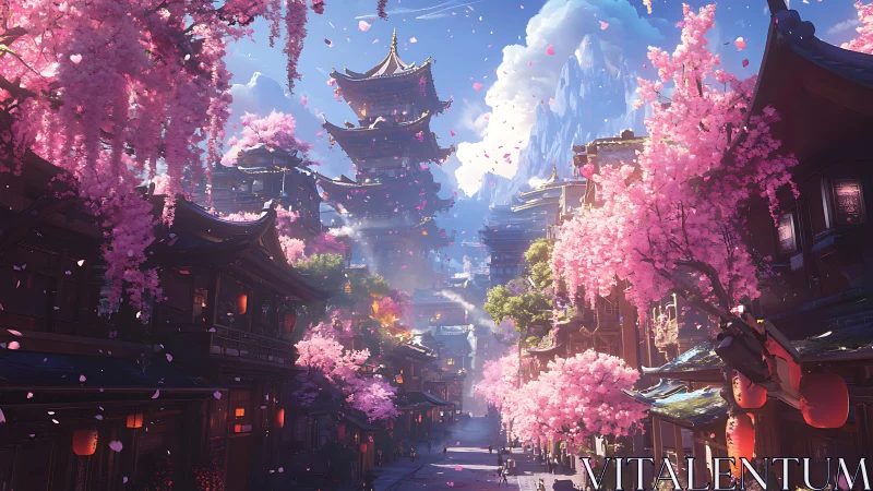 Vertical cherry blossom pagoda corridor under cinematic sky.