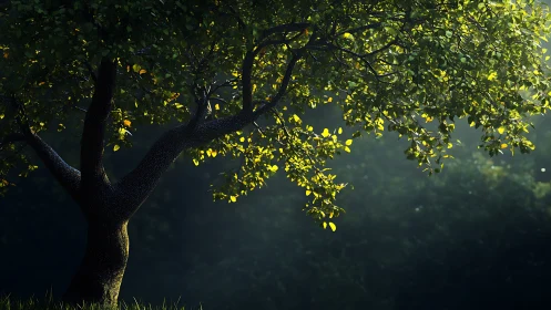 Lateral tree canopy in raking forest light, high contrast study.