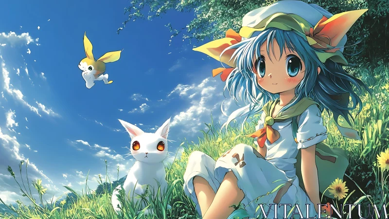 Summer hillside daydream with anime girl, cat, and sprite.