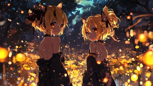 Twin anime figures in lantern lit forest environment.