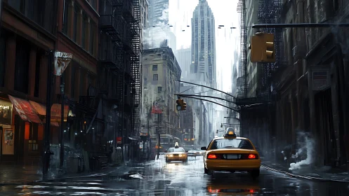 Warm yellow taxis gliding through a rainy city evening.