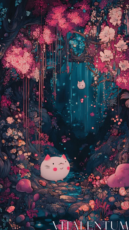 Bioluminescent forest ravine with chibi cat spirits and cyan stream