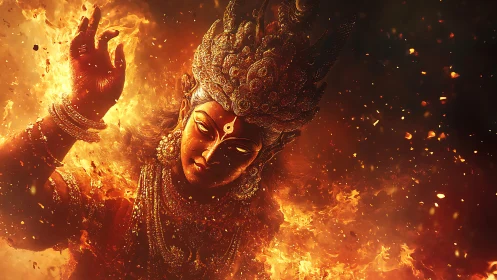 Fiery divine figure rising in swirling orange and red flames.