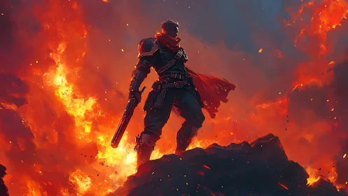 Lone firelit warrior standing bold amid swirling embers.