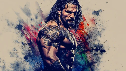 Tattooed storm king framed in explosive color splashes.