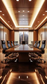 Long wood-panelled conference room contains aligned seating